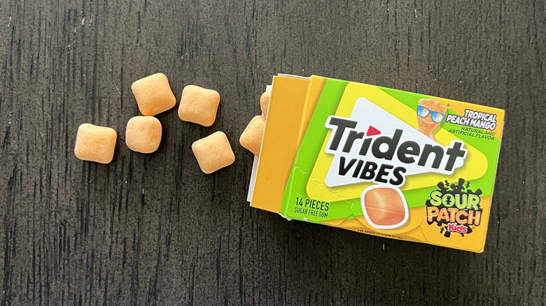 Trident Vibes Sour Patch Kids Tropical Peach Mango gum chiclets.