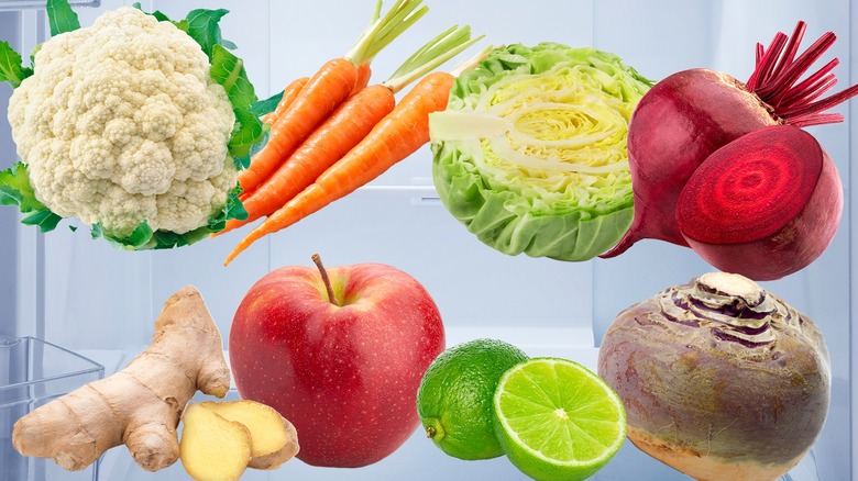 Assorted produce items in fridge