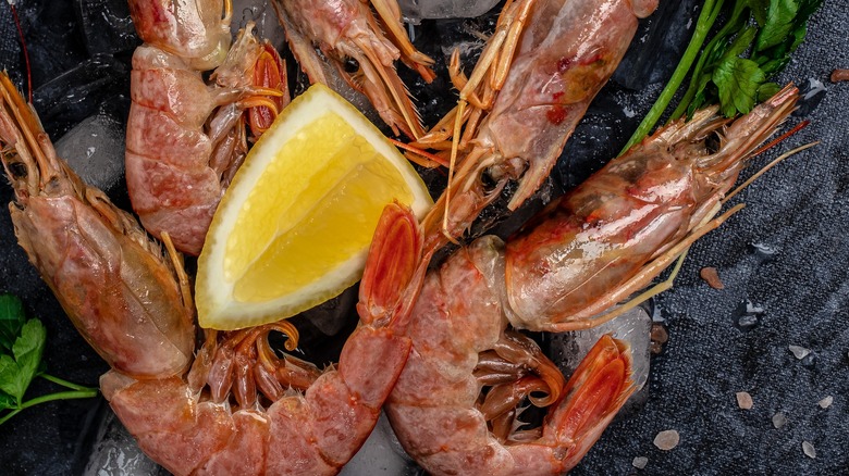 Head-on boiled shrimp with lemon