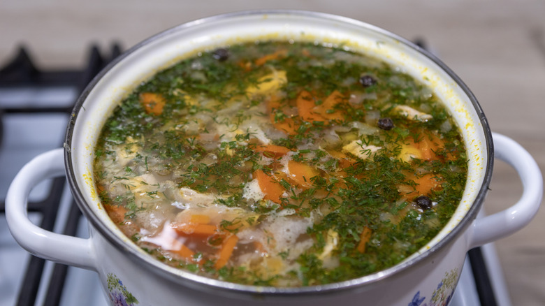 Close up of a bowl of fresh soup packed with veggies on stove