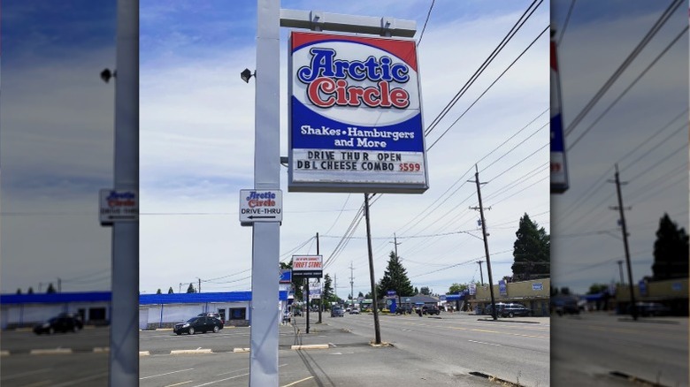 A red, white, and blue sign