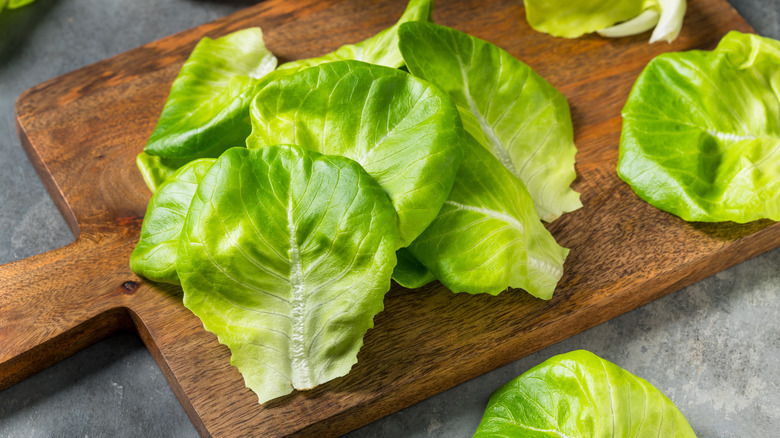 butterhead lettuce leaves on cutting board
