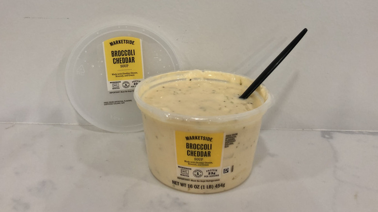 Walmart Marketside broccoli cheddar soup in a tub.