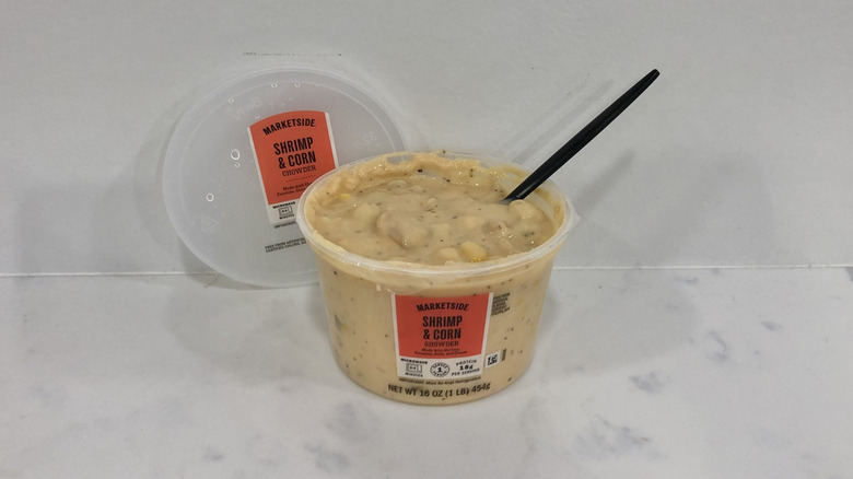 Walmart Marketside shrimp and corn chowder in a tub.