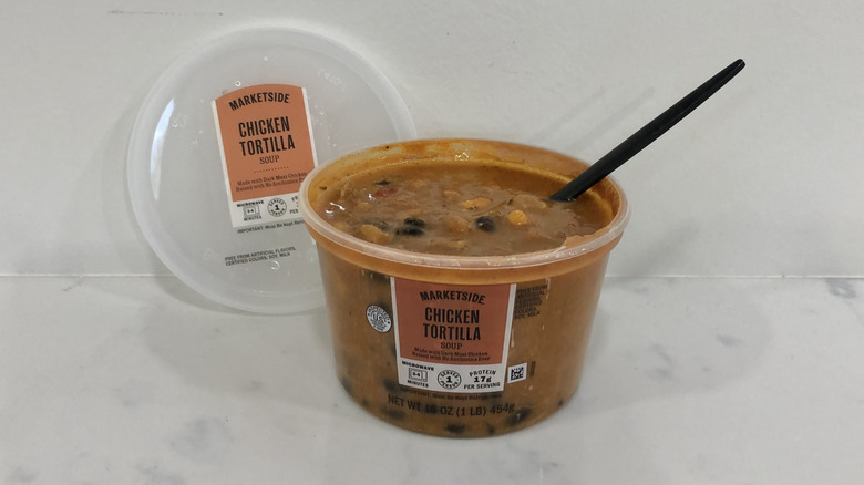 Walmart Marketside chicken tortilla soup in a tub.