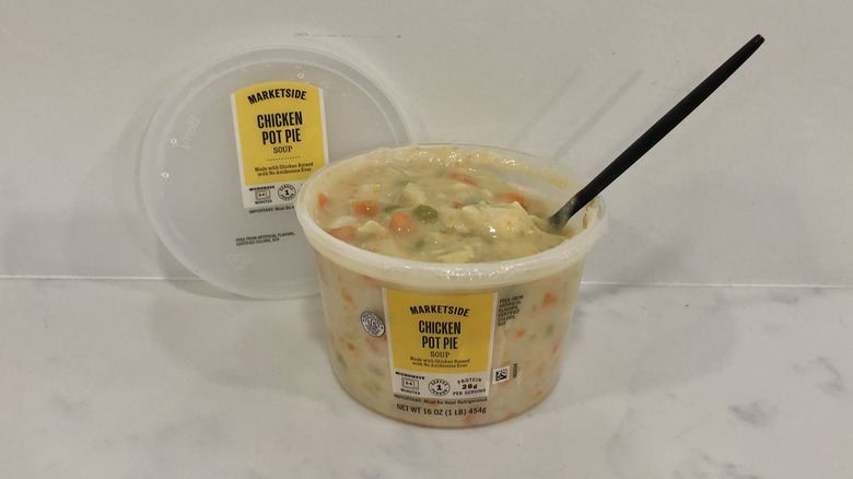 Walmart Marketside chicken pot pie soup in a tub.