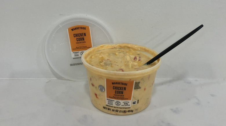 Walmart Marketside chicken corn chowder in a tub.