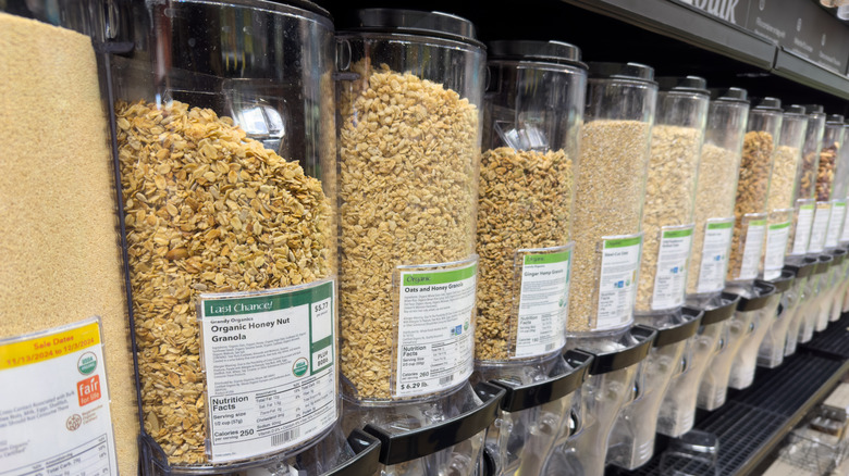 Bulk bins filled with grains at grocery store