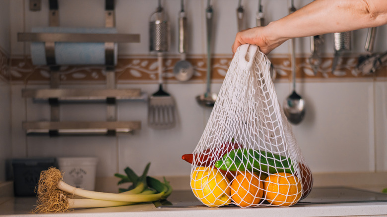Hand holding mesh produce bag filled with fruits and vegetables