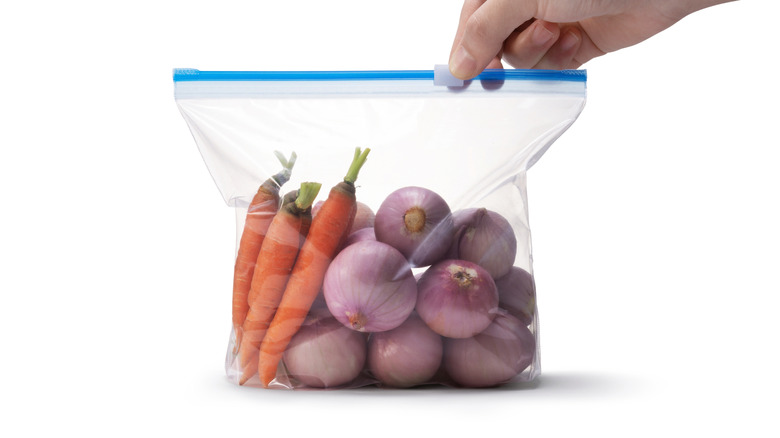 Hand holding Ziploc bag filled with colorful produce