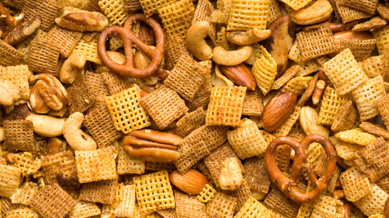 Close up of pile of Chex mix