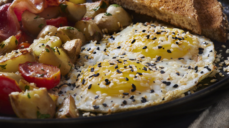 Fried eggs topped with everything bagel seasoning