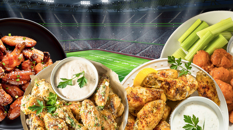 football field and plates of chicken