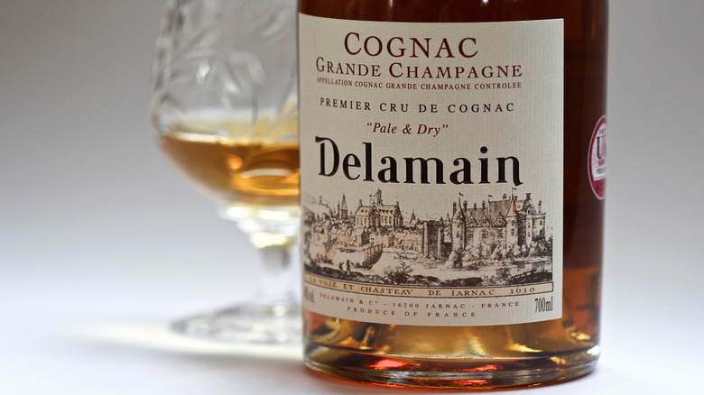 A close up of a bottle of Delamain Pale & Dry XO with a filled glass behind it