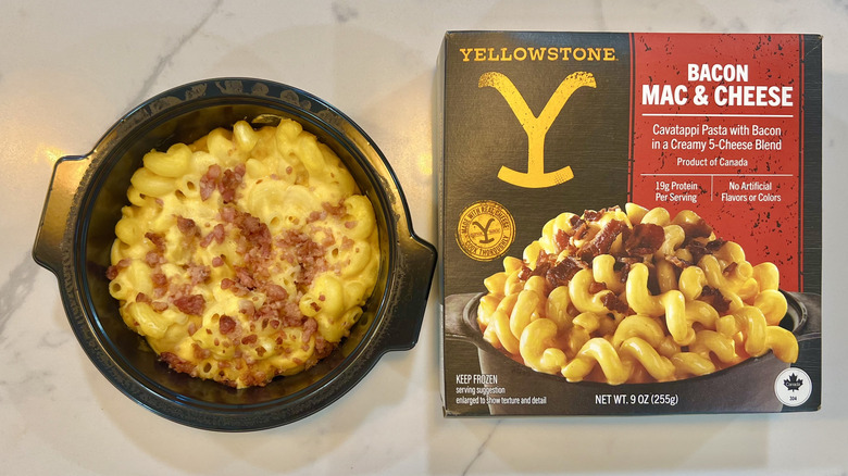 Yellowstone bacon mac and cheese meal in bowl.