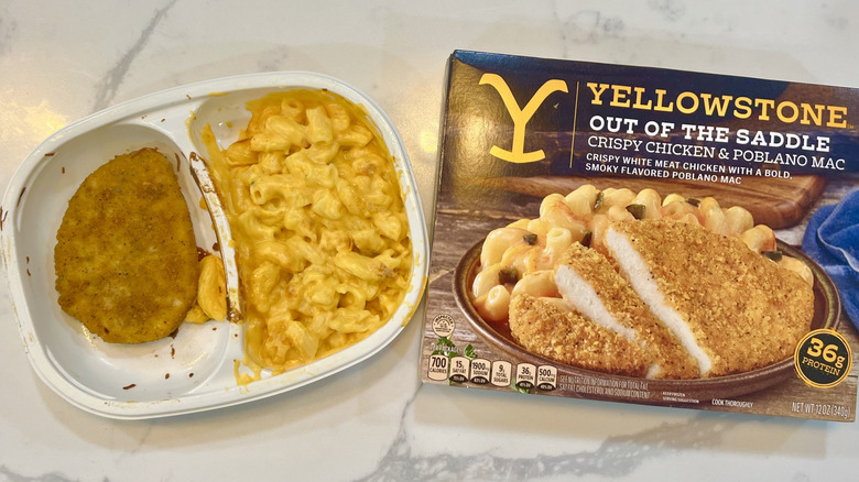 Yellowstone Out of the Saddle crispy chicken and poblano mac in tray.