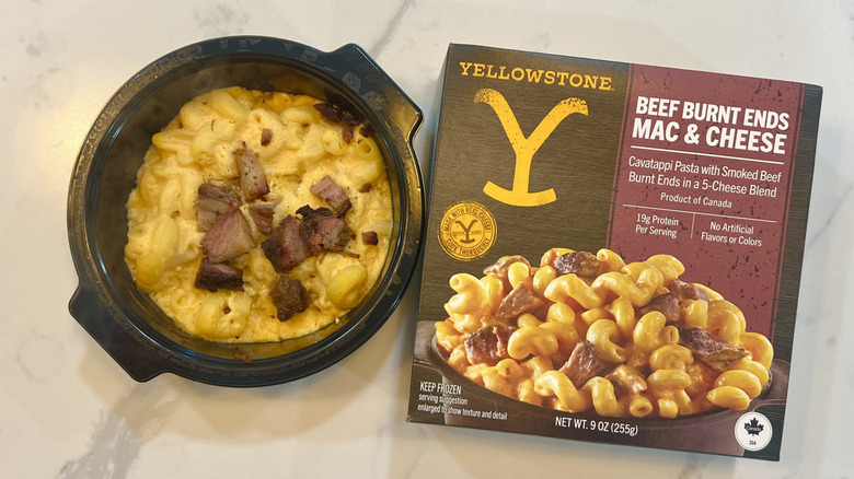 Yellowstone beef burnt ends mac and cheese in bowl.
