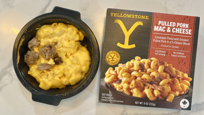 Yellowstone pulled pork mac and cheese in bowl.
