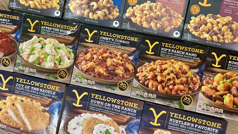 12 different Yellowstone frozen meals in boxes.