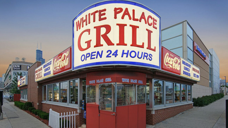 Exterior of White Palace Grill in Chicago with red and blue lettering