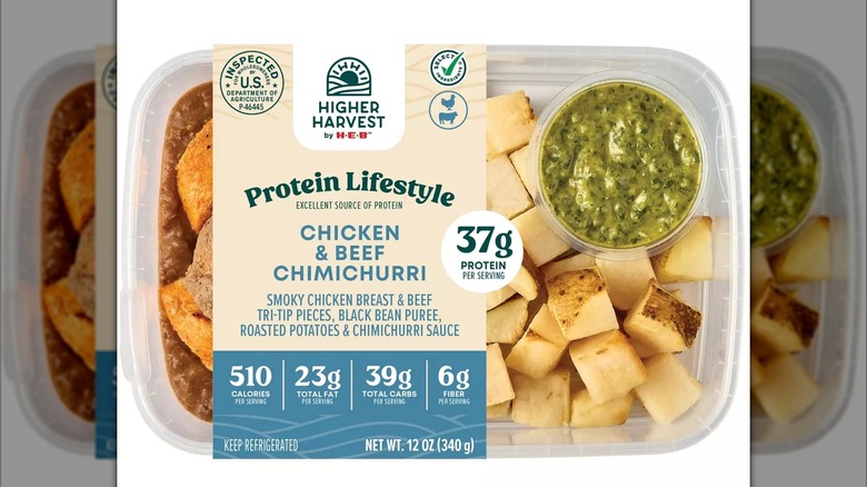 H-E-B Higher Harvest protein lifestyle chicken and beef chimichurri with black bean puree and roasted potatoes in a single serving plastic container.