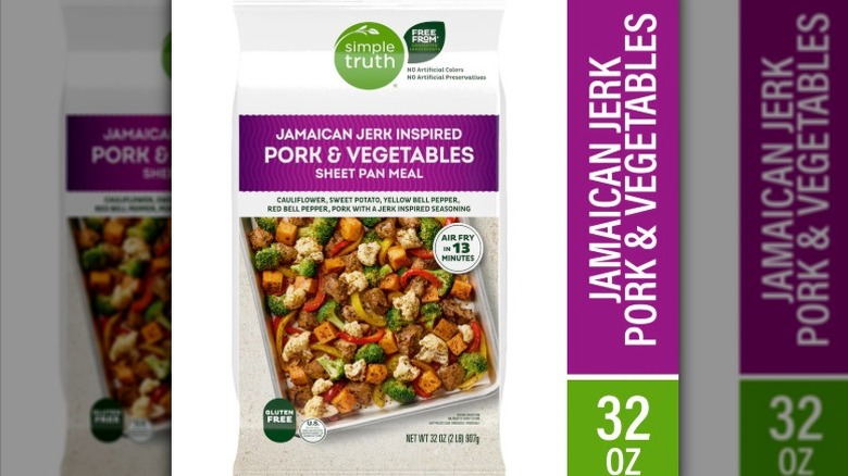 Simple Truth Jamaican jerk inspired pork and vegetables sheet pan meal product shot in bag.