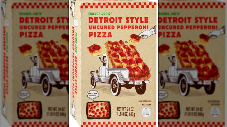 Trader Joe's Detroit style uncured pepperoni pizza box packaging.