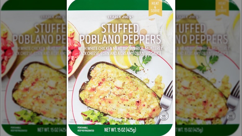 Trader Joe's stuffed poblano peppers in store packaging.