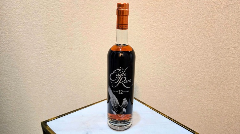 A bottle of Eagle Rare 12-year-old Kentucky straight bourbon on a table