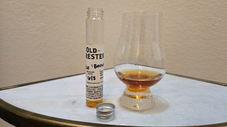 Old Forester President's Choice 2025 bourbon sample and glass