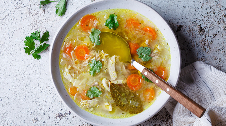 Overhead shot of bowl of chicken soup