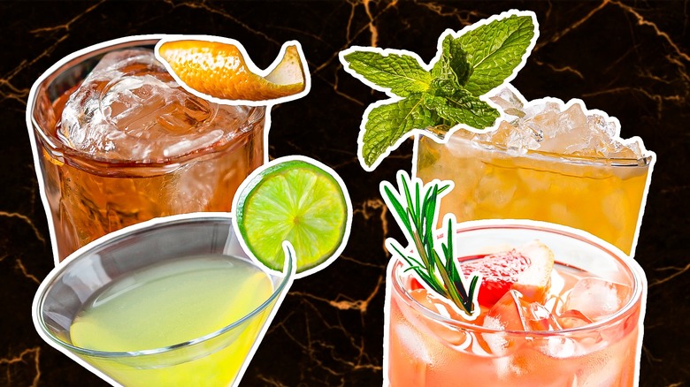 assorted whiskey cocktails with garnishes