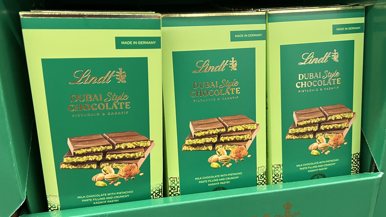 row of green packaged Lindt Dubai-Style Chocolate