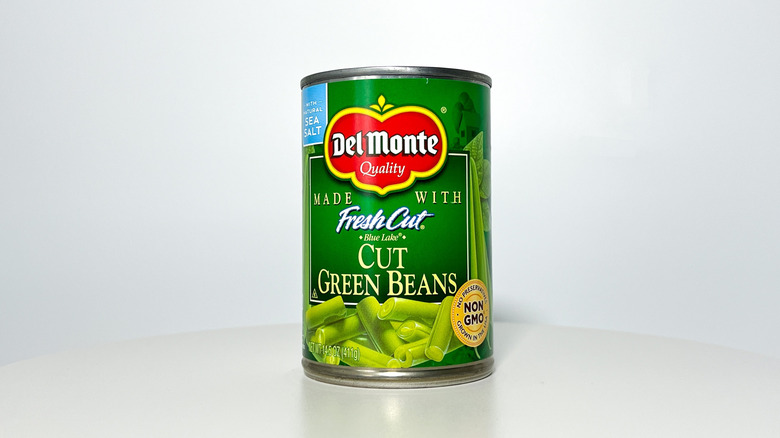 A close-up on a can of Blue Lake Cut Green Beans