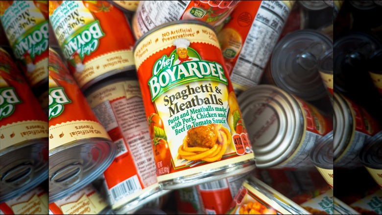 A pile of Chef Boyardee canned meals