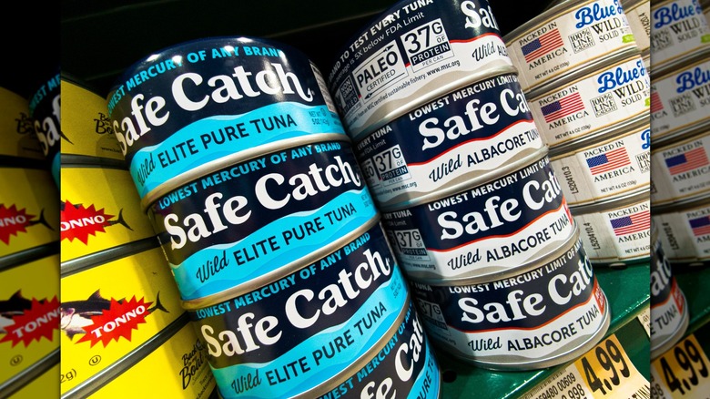 Rows of tuna cans at the grocery store