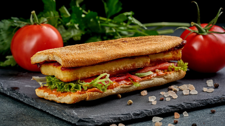 Vegan submarine sandwich on a granite slab