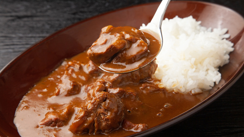 A plate of beef shin stew with white rice
