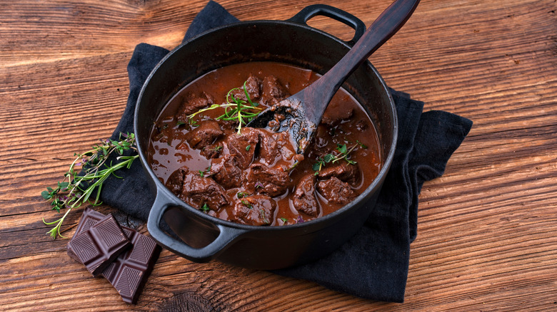 Vension stew in a Dutch oven