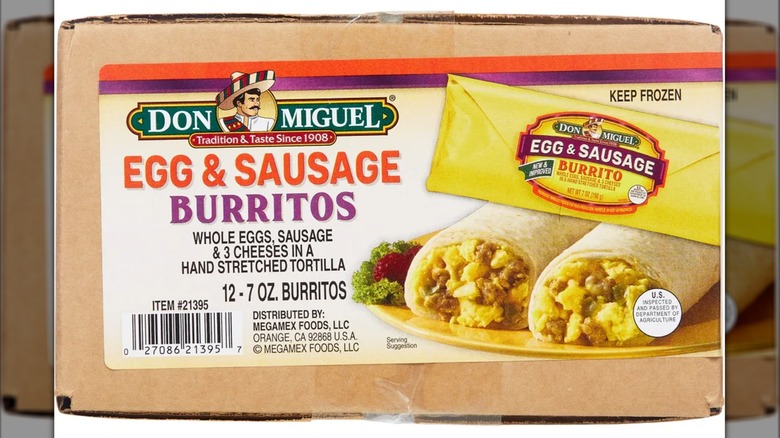 A package of Don Miguel Breakfast Burritos, Eggs, Sausage, and Cheese