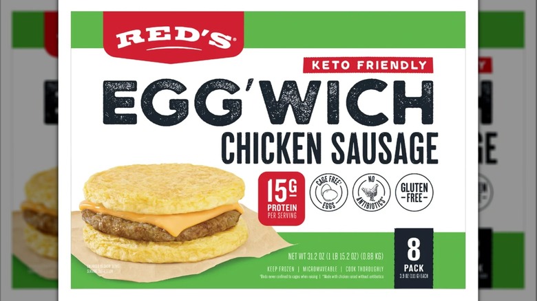 Packaging of Red's Egg'Wich Chicken Sausage Breakfast Sandwich