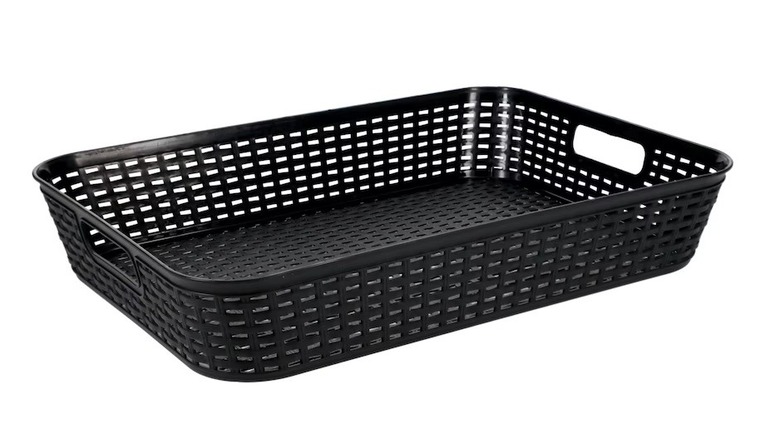 Black woven plastic storage basket