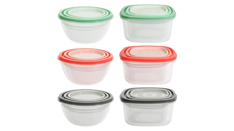 Food container sets from Dollar Tree with green, red, and black lids