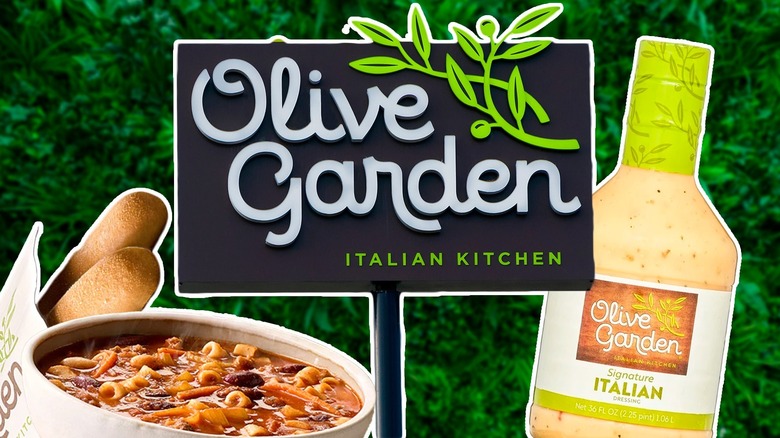 Olive Garden intro image with logo, breadsticks, soup, and dressing