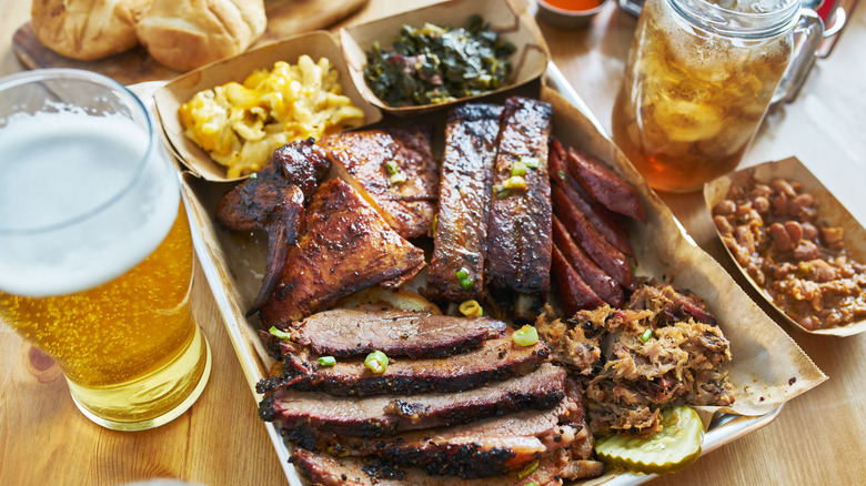 beer and Texas-style barbecue platter