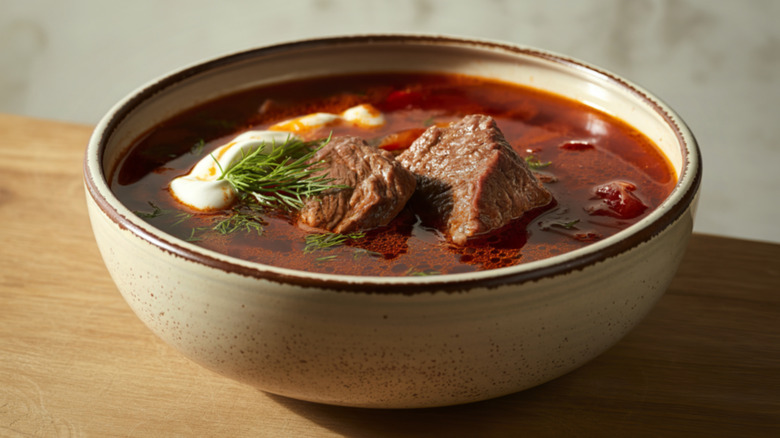A bowl of beef borscht on a table