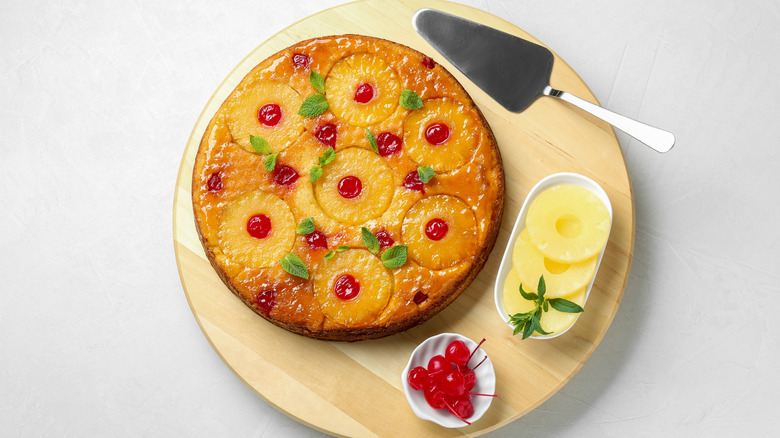 Aerial shot of pineapple cake on a cutting board