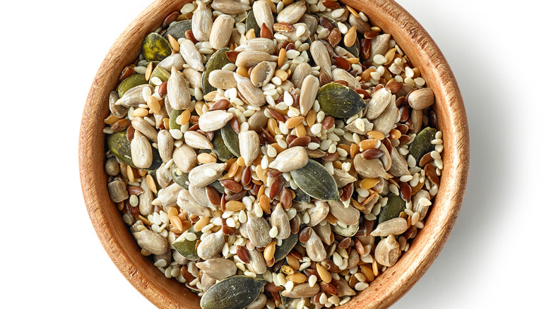 Aerial shot of a bowl of various nuts and grains