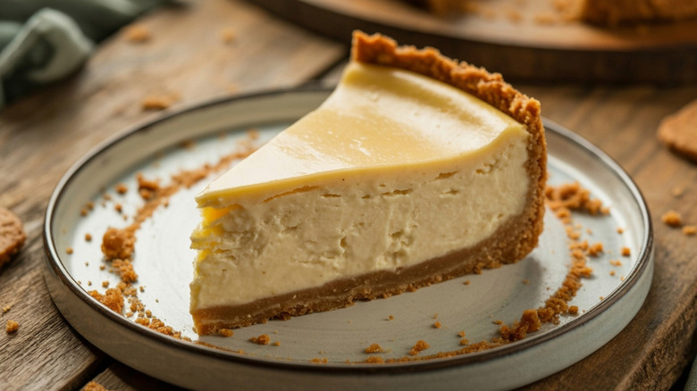 New York cheesecake slice on white plate