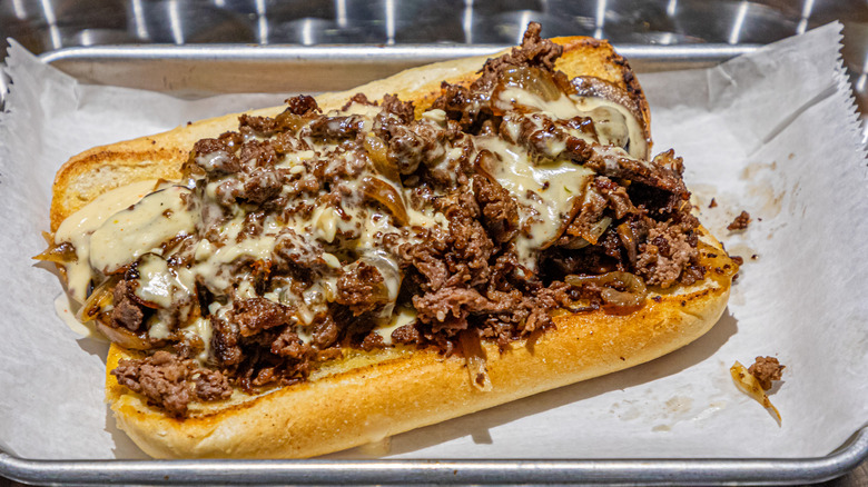 Cheesesteak on silver tray